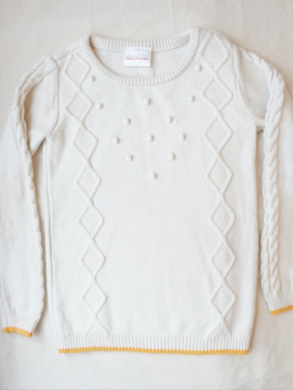 Hanna Andersson Wool Cable Knit Sweater Sz 110 (5-6) Ivory Gold Trim
